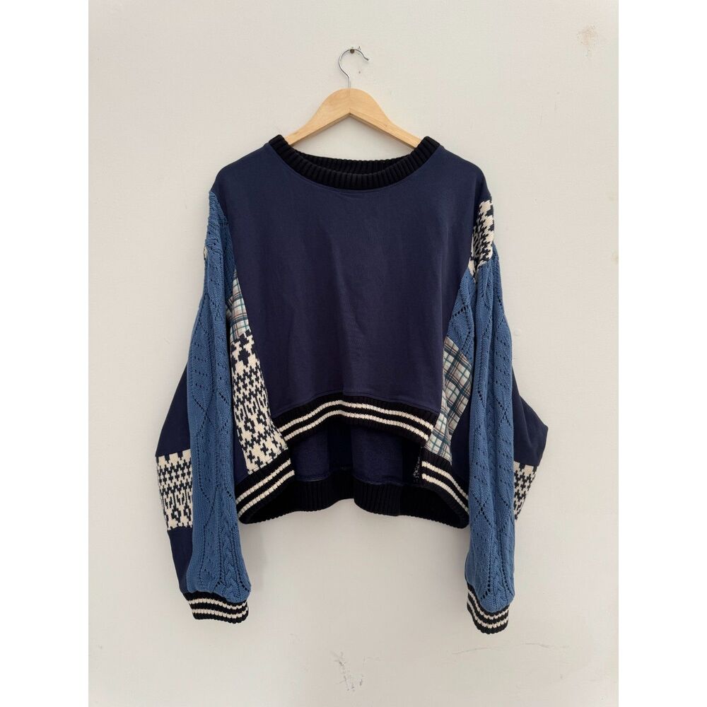 Anthropologie Pilcro Mixed Media Patchwork Cable Knit Sweater Navy L